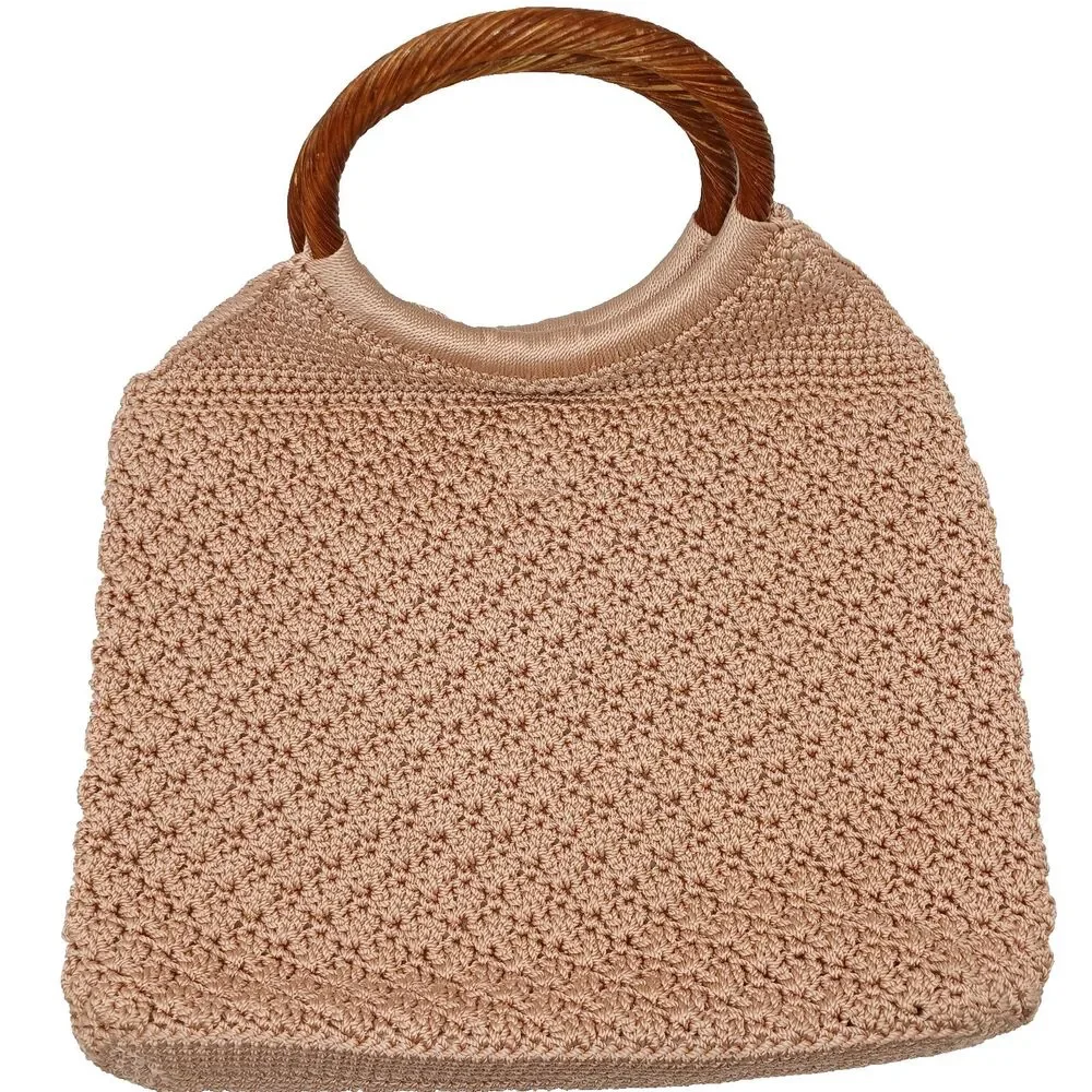Vintage The Sak Warm Beige Crochet Purse Bag w/ Round Wood Look Plastic Handles